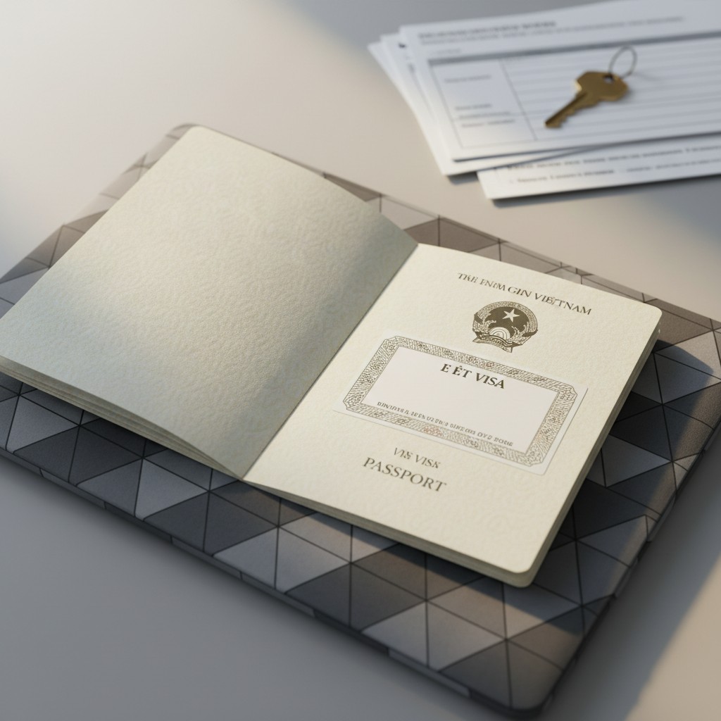 The image shows an opened Vietnamese ePassport book with the pages turned to a blank page on one side and the cover page o...