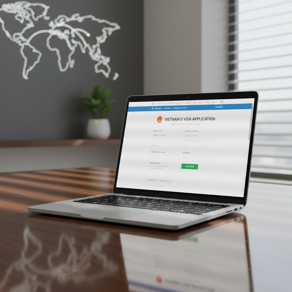 A laptop computer displaying a website titled "Vietnam E-Visa application".